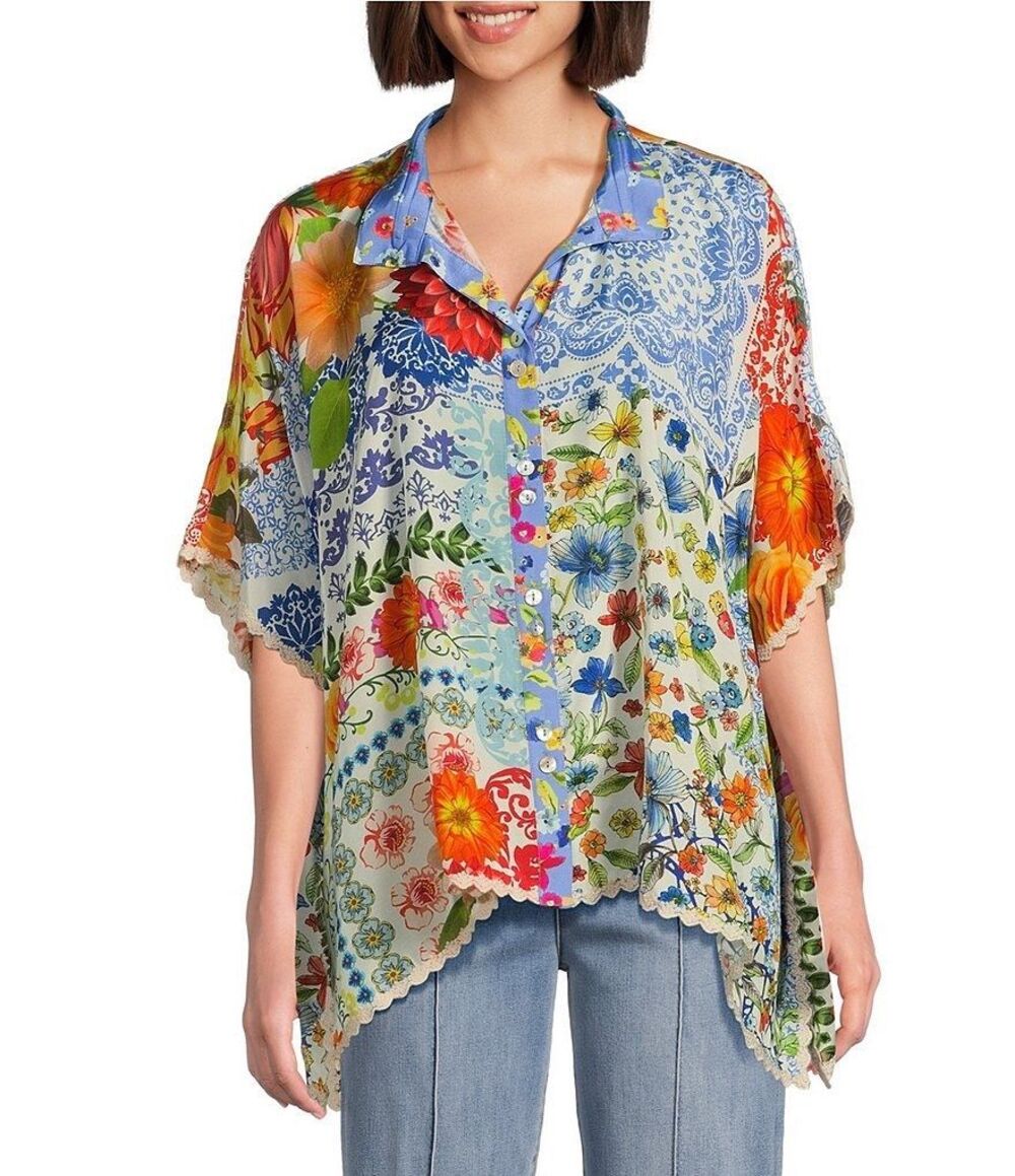 John Mark Printed Oversized Wire Collar Short Dolman Sleeve Top Sz S/M